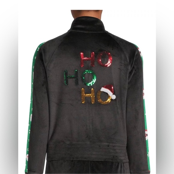 2pc black green HO HO HO bling sequin Christmas Velour Track pantsuit size XS(1) - Picture 5 of 10